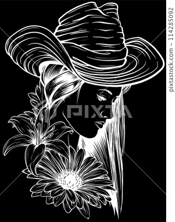 white silhouette of Cowboy girl face with hat on black background. vector illustration 114285092