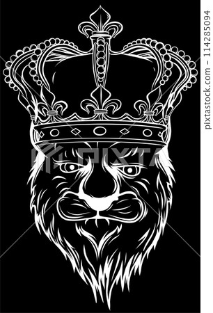 white silhouette of Heraldic Lion Head with corwn on black background white silhouette of Heraldic Lion Head with corwn on black background 114285094