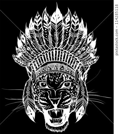 white silhouette of head leopard bohemian chic. digital on black background 114285118
