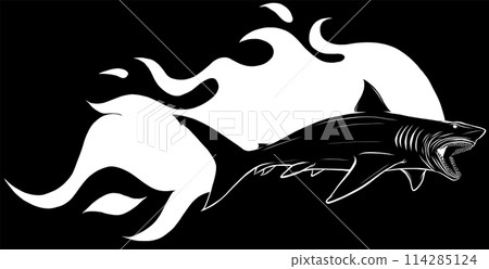 white silhouette of Danger shark with flames fon black background white silhouette of Danger shark with flames fon black background 114285124