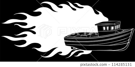 white silhouette of fishing boat with flames on black background. digital hand darw design 114285131