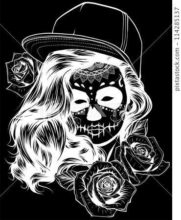 white silhouette of Skull and roses. Day of The Dead colorful Skull with ornament on black background 114285137