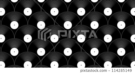 Vinyl plates seamless pattern. Reapiting gramophone LP music discs isolated on white background. DJ techno party concert. 70s 80s 90s discotheque nostalgia wallpaper. Vector flat illustration Vinyl plates seamless pattern. Reapiting gramophone LP music discs isolated on white background. DJ techno party concert. 70s 80s 90s discotheque nostalgia wallpaper. Vector flat illustration 114285149