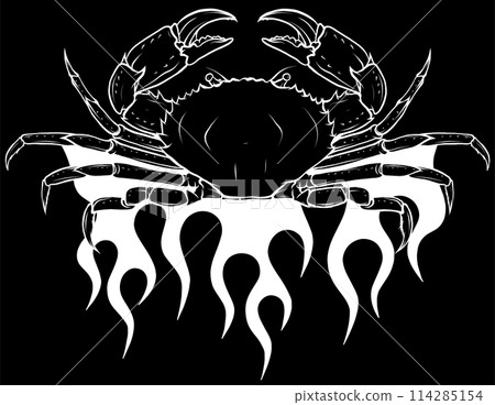 white silhouette of Angry crab with claws on flames on black background white silhouette of Angry crab with claws on flames on black background 114285154