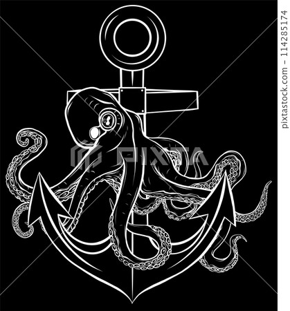 white silhouette of octopus around the anchor on black background vector illustration design white silhouette of octopus around the anchor on black background vector illustration design 114285174