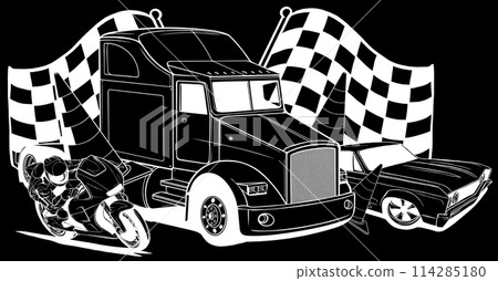 white silhouette of Cartoon vehicles transport on black background white silhouette of Cartoon vehicles transport on black background 114285180