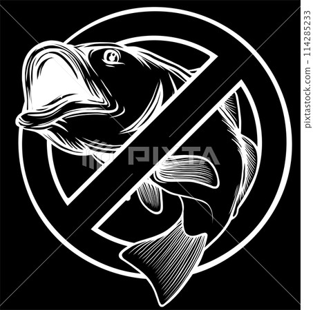white silhouette of No Fish sign icon isolated on black background. Vector illustration white silhouette of No Fish sign icon isolated on black background. Vector illustration 114285233