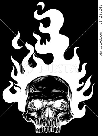 white silhouette of Skull on Fire with Flames on black background Vector Illustration white silhouette of Skull on Fire with Flames on black background Vector Illustration 114285245