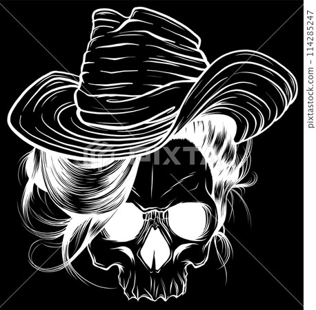 white silhouette of Skull Cowboy on black background white silhouette of Skull Cowboy on black background 114285247