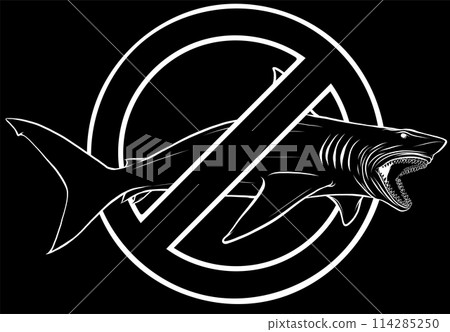 white silhouette of a gray shark with prohibitory sign on black background vector illustration white silhouette of a gray shark with prohibitory sign on black background vector illustration 114285250