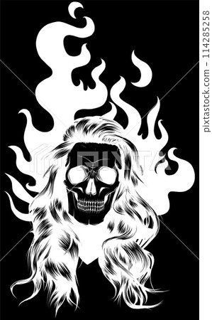 white silhouette of Skull on Fire with Flames on black background Vector Illustration 114285258