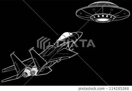 white silhouette of ufo fight versus jet on black background 114285268