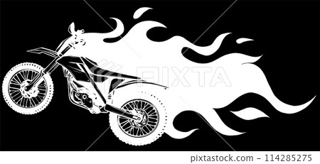 white silhouette of Motocross Mid Air Flames vector illustration on black background 114285275