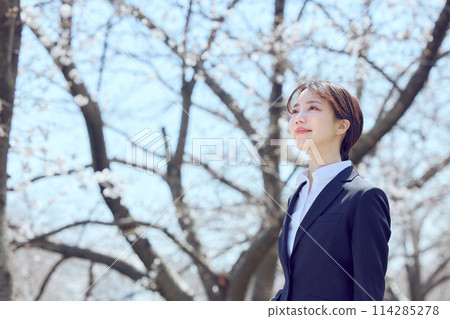 A woman in a suit walking along a row of cherry blossom trees 114285278
