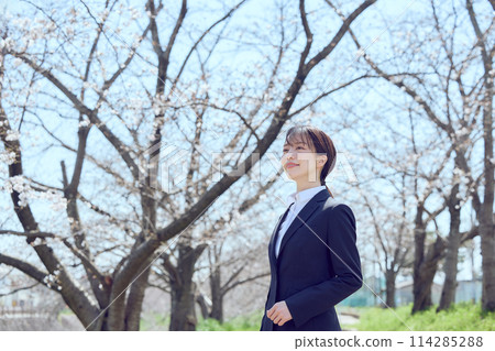 A woman in a suit walking along a row of cherry blossom trees 114285288