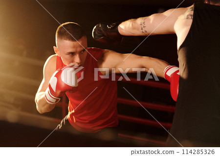 Young boxer in sportswear hitting rival 114285326