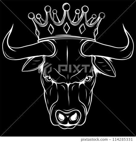white silhouette of head of a bull with a crown on black background white silhouette of head of a bull with a crown on black background 114285331