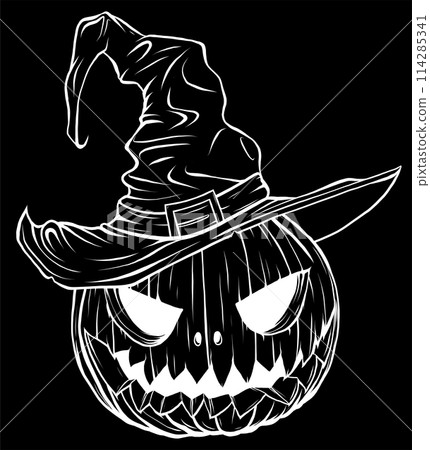 white silhouette of Cartoon halloween pumpkin wearing witch hat isolated on black background 114285341