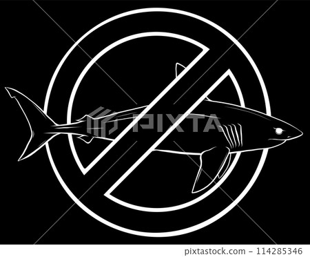 white silhouette of gray shark with prohibitory sign vector illustration on black background 114285346