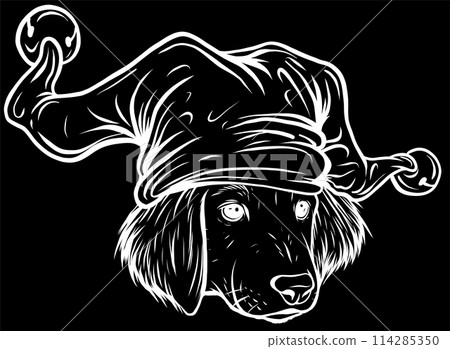white silhouette of Labrador Retriever Puppy with joker hat on black background 114285350