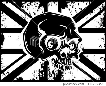 white silhouette of England flag with skull on black background white silhouette of England flag with skull on black background 114285355