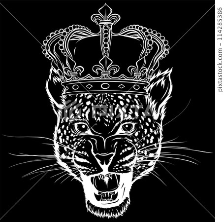 white silhouette of Leopard Head with crown on black background 114285386