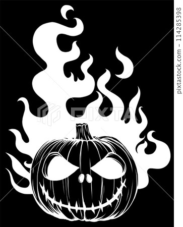 white silhouette of halloween pumpkin with flames on black background. vector illustration design white silhouette of halloween pumpkin with flames on black background. vector illustration design 114285398