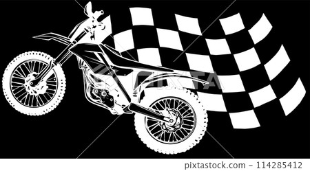 white silhouette of motocross with race flag on black backgrounf. vector illustration design 114285412