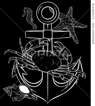 white silhouette of anchor with sea animal white silhouette of anchor with sea animal 114285418
