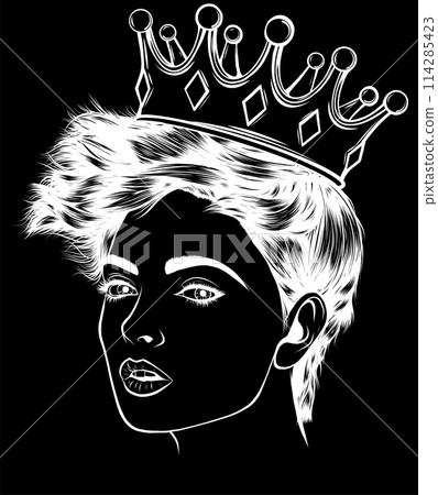 white silhouette of sugar Skull girl with a crown on black background. vector illustration design 114285423