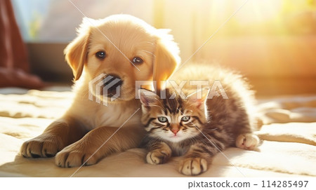 Cute kitten and puppy sitting next to each other in the sunlight. Photo 114285497