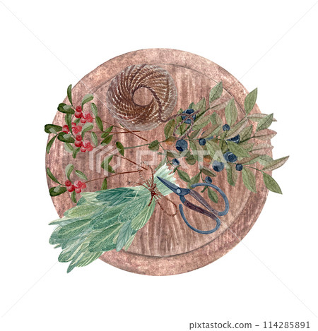 A bunch of blueberry, lingonberry twigs, jute rope ball, scissors on a wooden plate watercolor isolated on white. Art for cards, packages, oil infusions, folk medicine recipes and herbal guides design A bunch of blueberry, lingonberry twigs, jute rope ball, scissors on a wooden plate watercolor isolated on white. Art for cards, packages, oil infusions, folk medicine recipes and herbal guides design 114285891