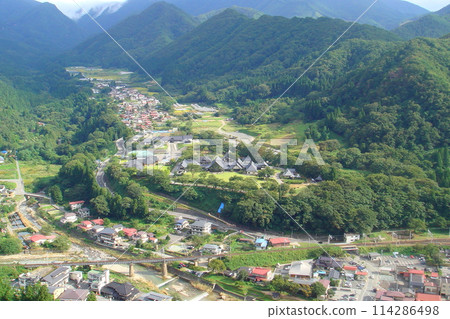 Hoshusan Risshakuji Temple/Overlooking the Basho Memorial Museum from the stone steps leading to Yamadera Temple (Yamagata City, Yamagata Prefecture, Japan) 114286498