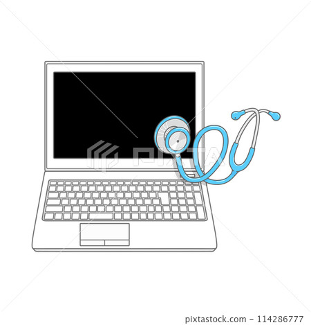 A laptop with a black screen under a stethoscope 114286777