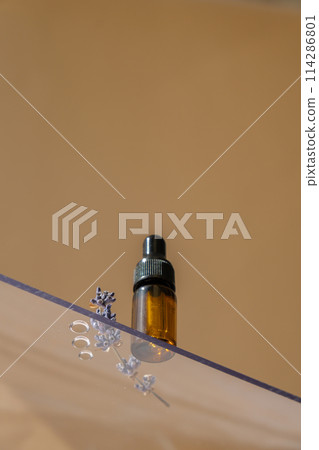 Looking through the window on natural herbal lavender essential oil. Eco organic seasonal wild harvested lavender flowers. Concept isometric of alternative medicine 114286801