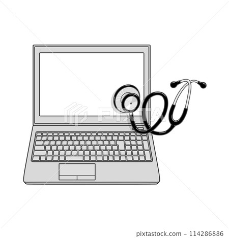 A laptop with a white screen under a stethoscope 114286886