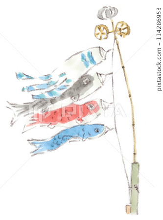 五月風景，鯉魚旗歡快在天空中游動的水彩插圖 114286953