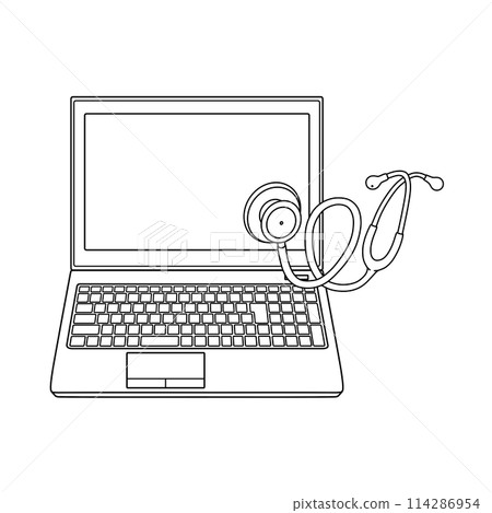 Line drawing of a laptop computer with a stethoscope on it 114286954