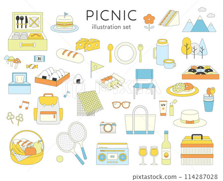 Picnic illustration set line line drawing outing outdoor recreation lunch hiking Picnic illustration set line line drawing outing outdoor recreation lunch hiking 114287028