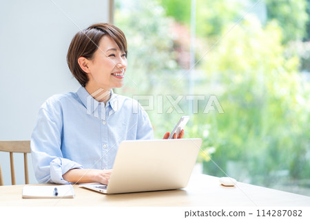A woman doing telework. A woman doing telework. 114287082