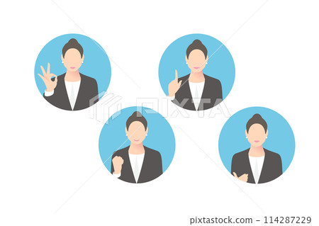 OK 標誌,拳頭泵,指點,女性中層商務人士/經理提出建議,圖標風格 OK 標誌,拳頭泵,指點,女性中層商務人士/經理提出建議,圖標風格 114287229
