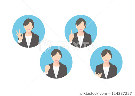 OK 標誌，拳頭泵，指點，女性中層商務人士/經理提出建議，圖標風格 114287237