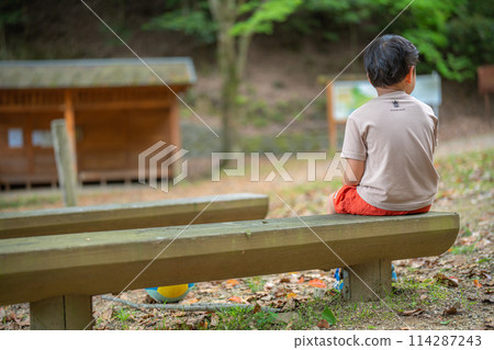 Child relaxing on a park bench Child relaxing on a park bench 114287243