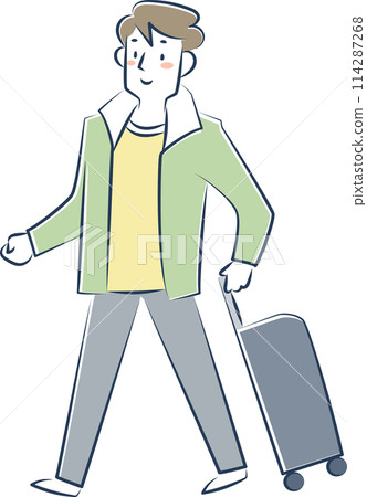 A young man walking with a suitcase A young man walking with a suitcase 114287268