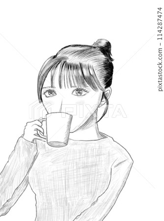 Woman drinking coffee, monochrome (pencil drawing style) Woman drinking coffee, monochrome (pencil drawing style) 114287474