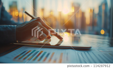 A person is using a tablet to point at a graph A person is using a tablet to point at a graph 114287912