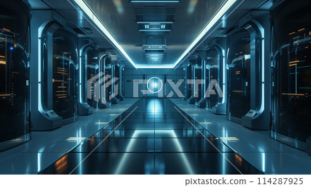 A futuristic space station with a large circular room in the middle 114287925