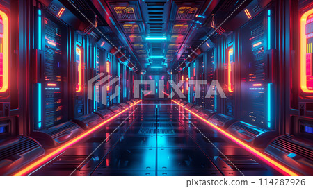 A futuristic space with neon lights and a long hallway 114287926