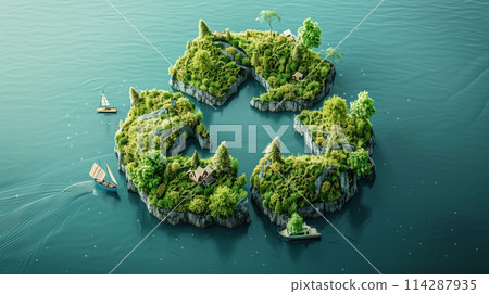 A green island surrounded by water with a boat in the middle 114287935