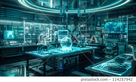 A futuristic room with a large table in the center A futuristic room with a large table in the center 114287942